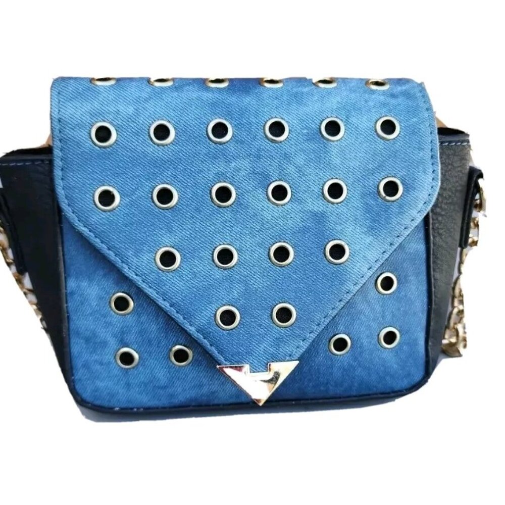 Blue Denim & Faux Leather KissMe Couture Studded Edgy Shoulder Envelope Bag -EC